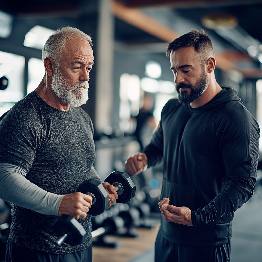Спортивна людина під час інтенсивного тренування з гантелями в сучасному спортзалі
